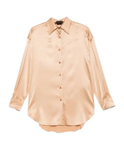 Tom Ford Relaxed Fit Stretch Silk Satin Blouse In Pale Beige