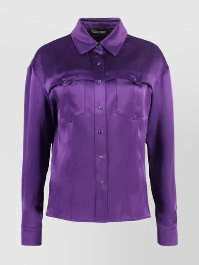 Tom Ford Satin Shirt With Chest Pockets And Nacre Buttons In Purple