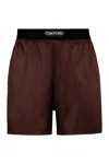 Tom Ford Logo Silk Blend Shorts With Satin Finish In Brown