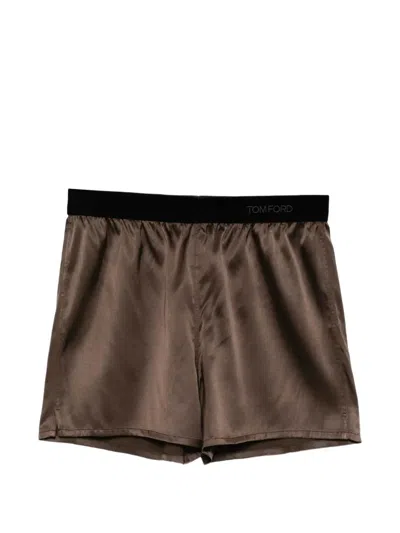 Tom Ford Satin Side-slit Shorts In Brown