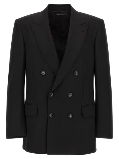 Tom Ford Satin Blazer Double Breasted Peak Lapels In Black