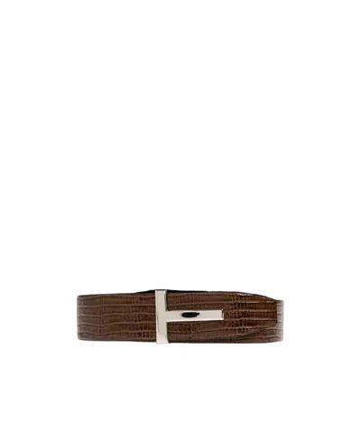 Tom Ford Lizard-effect T-buckle Belt In Brown