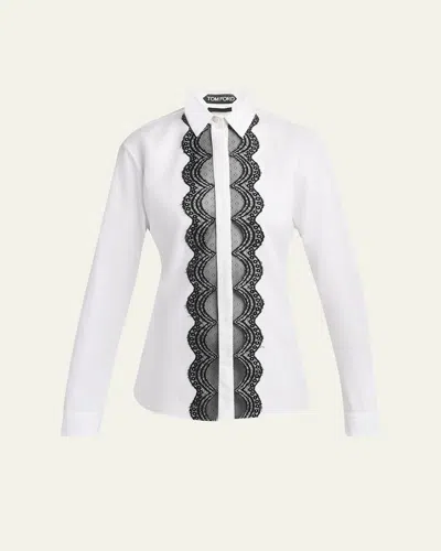 Tom Ford Scalloped Lace-trim Button-down Shirt In White