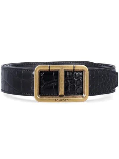 Tom Ford Score T Crocodile-embossed Belt In Black