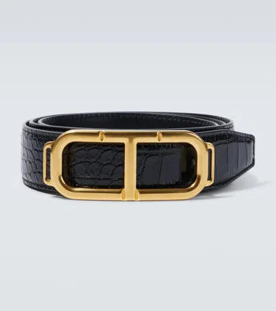 Tom Ford Scored T Croc-effect Leather Belt In Brown