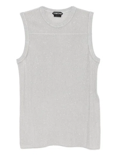 Tom Ford Sequined Crew Neck Sleeveless Ribbed Top In White