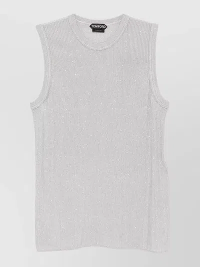Tom Ford Sequined Crew Neck Sleeveless Ribbed Top In White