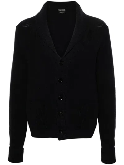 Tom Ford Cashmere Knit Sweater With Buffalo Horn Buttons And Shawl Collar In Blue