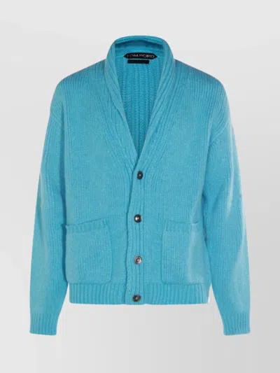 Tom Ford Shawl Collar Long Sleeve Knit Sweater In Blue