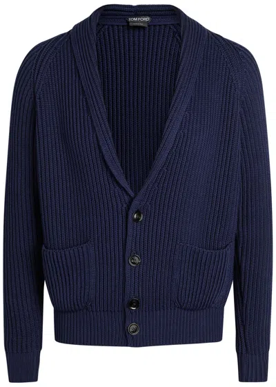 Tom Ford Shawl-collar Ribbed Cotton And Silk-blend Cardigan In Blue