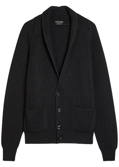 Tom Ford Shawl Lapel Ribbed Wool And Silk-blend Cardigan In Black