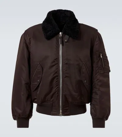 Tom Ford Shearling-trimmed Satin Bomber Jacket In Brown