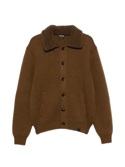 Tom Ford Shearling-collar Elbow-patch Cardigan In Brown