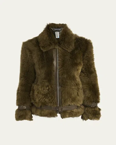 Tom Ford Sheep Shearling Belted Short Jacket In Green