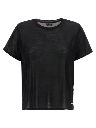 TOM FORD TOM FORD SHEER SILK T-SHIRT WITH GOLD LOGO PLAQUE