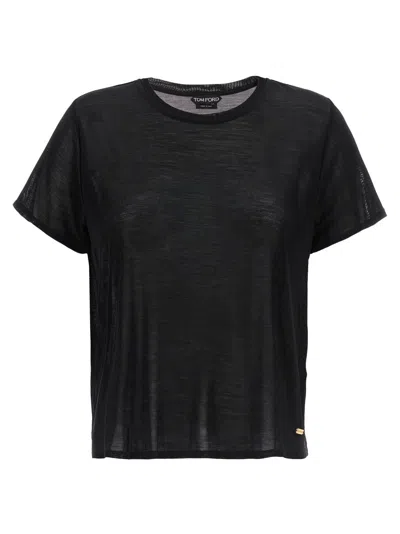TOM FORD SHEER SILK T-SHIRT WITH GOLD LOGO PLAQUE