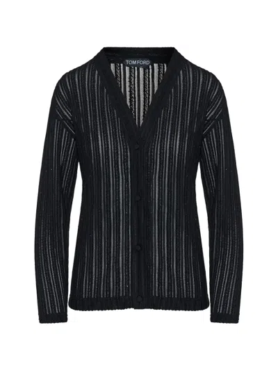 Tom Ford Sheer Velvet With Micro-sequins Relaxed Evening Cardigan In Black