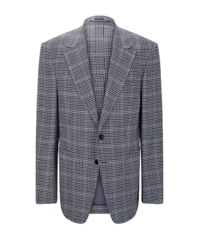 Tom Ford Shelton Wool Silk And Linen Houndstooth Blazer In Gray