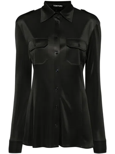 Tom Ford Shimmey Jersey Military Fitted Shirt In Black