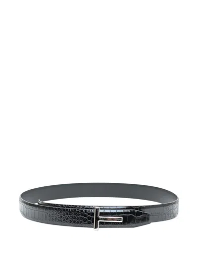 Tom Ford Shiny-effect Crocodile-effect Belt In Black