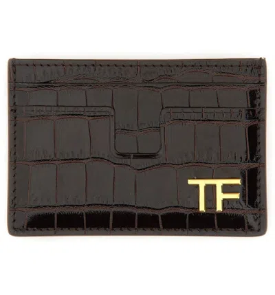 Tom Ford Shiny Embossed Classic Tf Card Holder In Brown