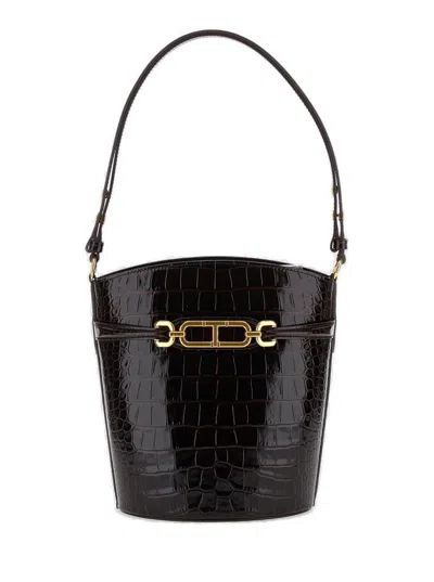 Tom Ford Shiny Embossed Medium Bucket Bag In Brown