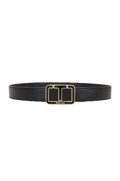 Tom Ford Shiny Grain Goat Enamel Scored T Belt In Black