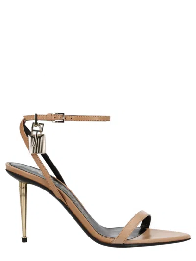 Tom Ford Shiny Leather Padlock Pointy Naked Sandal 85mm In Brown