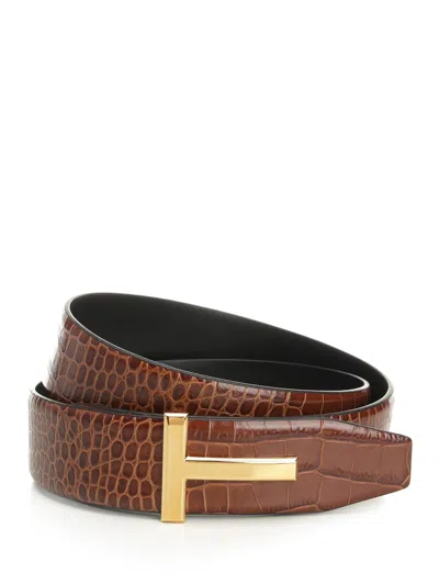 Tom Ford Shiny Printed Croc Reversible T Belt 40 Mm Belts Brown