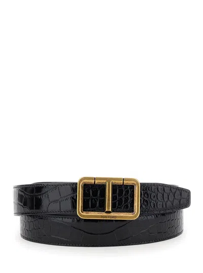 Tom Ford Shiny Printed Croc Scored T Belt 30 Mm In Black