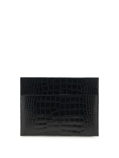 Tom Ford Shiny Printed Croc Slim Flap Portfolio In Black