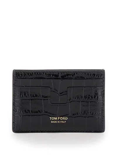 Tom Ford Shiny Printed Croc T Line Cardholder In Black