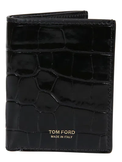 Tom Ford Shiny Printed Crocodile Folding Credit Card Holder In Black