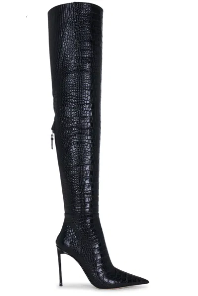 Tom Ford Shiny Stamped Croc Thigh High Boot In Black