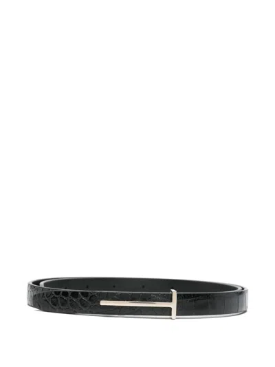 Tom Ford Shiny Stamped Crocodile Leather Slim T Belt In Pink