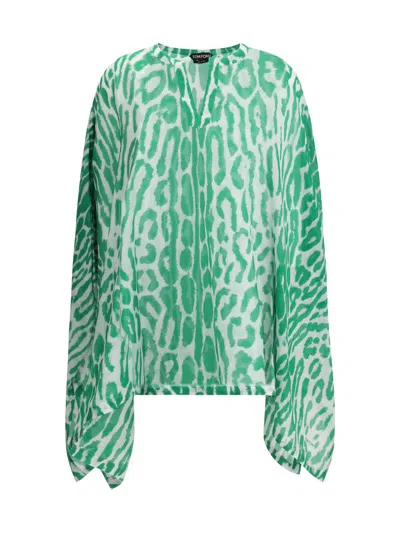 Tom Ford Leopard Print Silk Top In Green