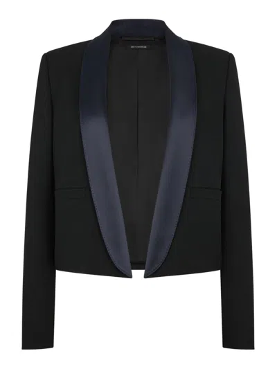 Tom Ford Cropped Silk Satin-trimmed Grain De Poudre Wool Blazer In Black