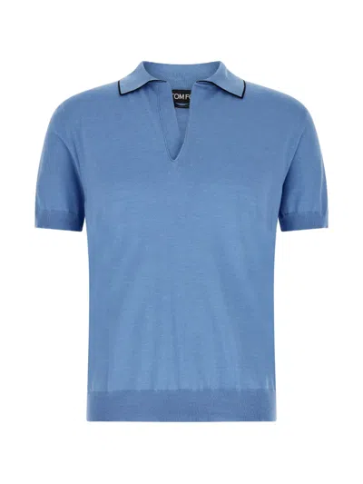 Tom Ford Silk Cotton Polo Shirt Short Sleeves In Blue