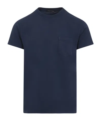 Tom Ford Indigo Blue Cotton T-shirt With Chest Pocket And Crew Neck