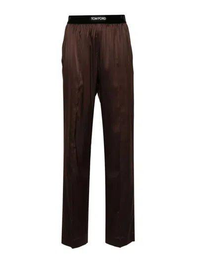 Tom Ford Stretch Silk Satin Pants In Brown