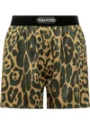Tom Ford Multicolor Shorts With Patch Logo On The Waist And All-over Leopard Print In Silk Stretch W In Brown