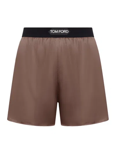 Tom Ford Stretch Silk Satin Pj Shorts In Brown