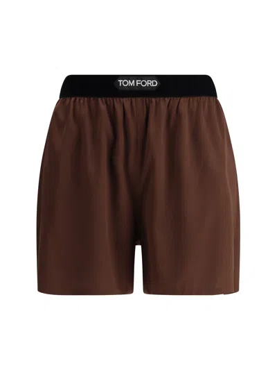 Tom Ford Logo Silk Blend Shorts With Satin Finish In Black
