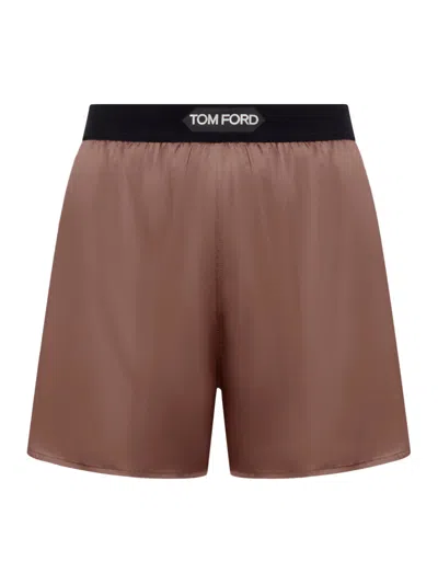 Tom Ford Stretch Silk Satin Pj Shorts In Brown