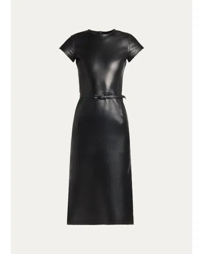 Tom Ford Short-sleeve Silky Guanteria Lambskin Leather Asymmetric Midi Dress In Black