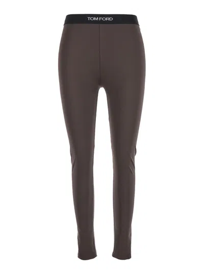 Tom Ford Signature Brown Leggings With Logo Lettering On The Waist In Jersey Stretch Woman