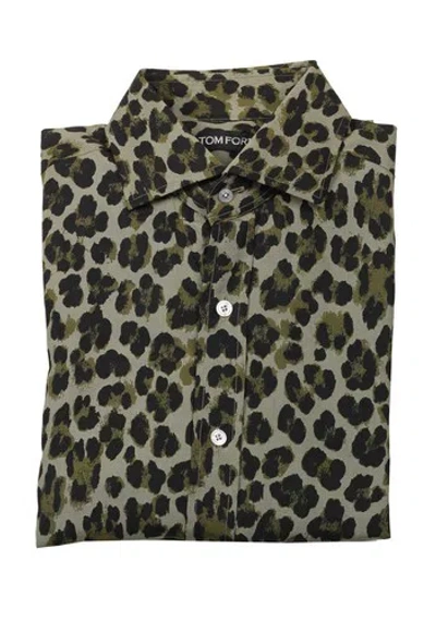 Pre-owned Tom Ford Signature Leopard Green Dress Shirt Size 39 It / 15 1/2 U.s.