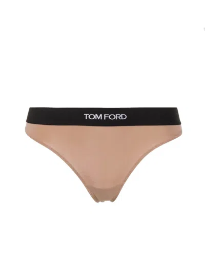 Tom Ford Signature Logo Elastic Thong In Neutral