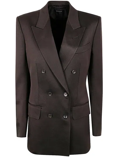 Tom Ford Silk And Wool Twill Double Breasted Jacket In Brown