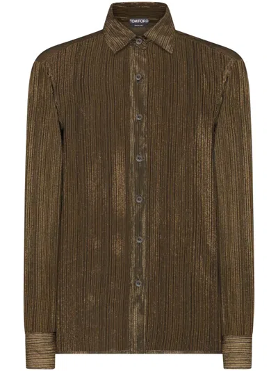Tom Ford Silk-blend Long-sleeve Shirt In 金色